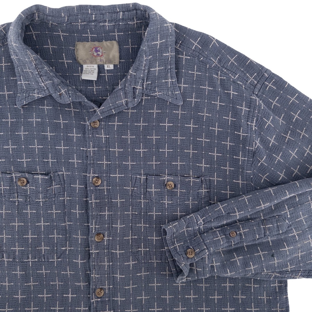 VTG The Territory Ahead Mens XL Button Down Shirt Blue Geometric‎ Cross Heavy